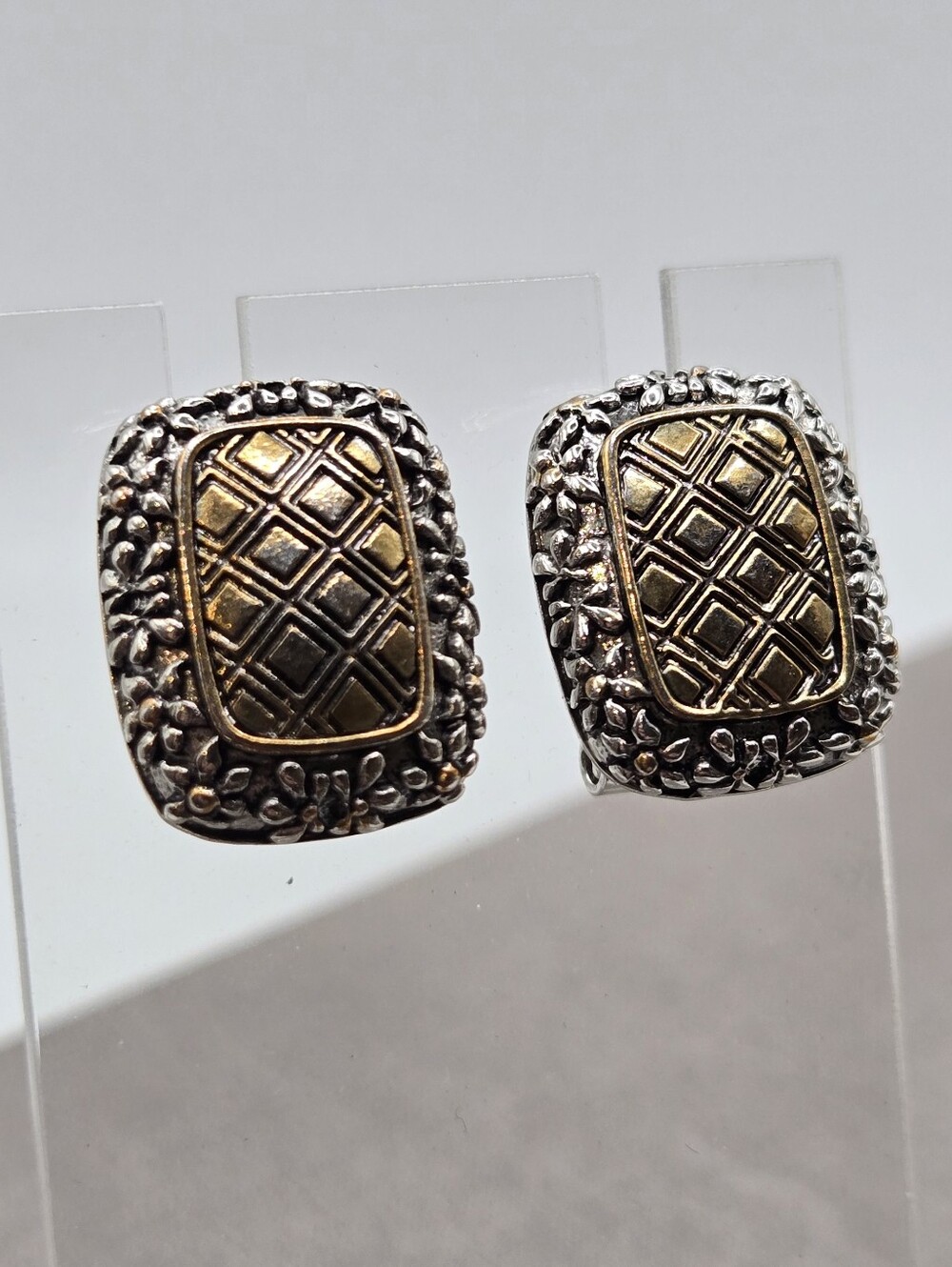 Chunky Silver-Gold-Tone Stud Earrings Palu textured 2 tone Pierced Hinged Back